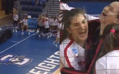 Incredible rally during women’s collegiate volleyball game features diving save that sends table crashing