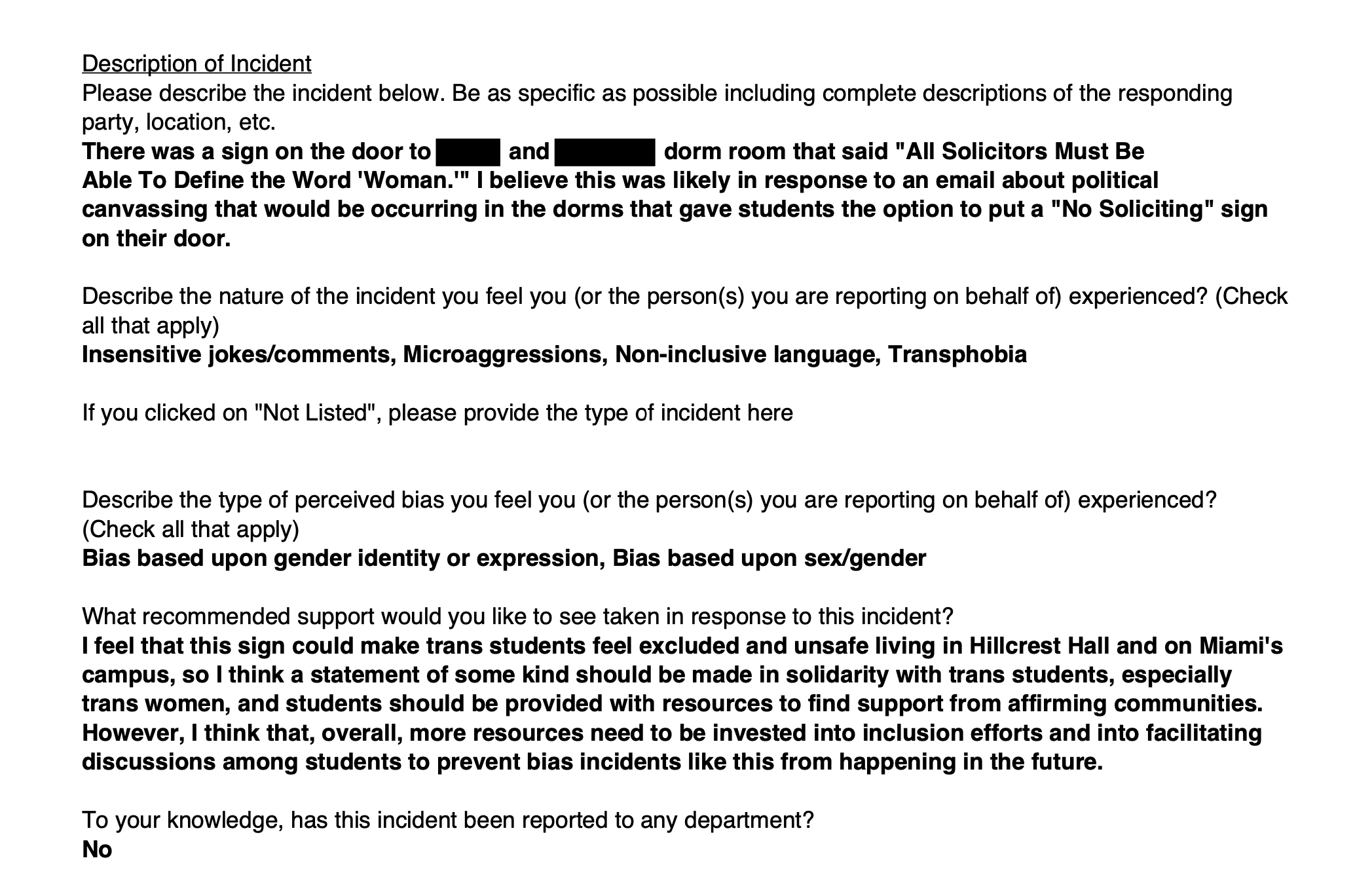 A report filed at Miami University.