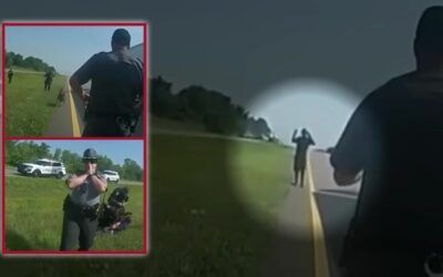 Police K9 released on black truck driver with arms raised following lengthy chase
