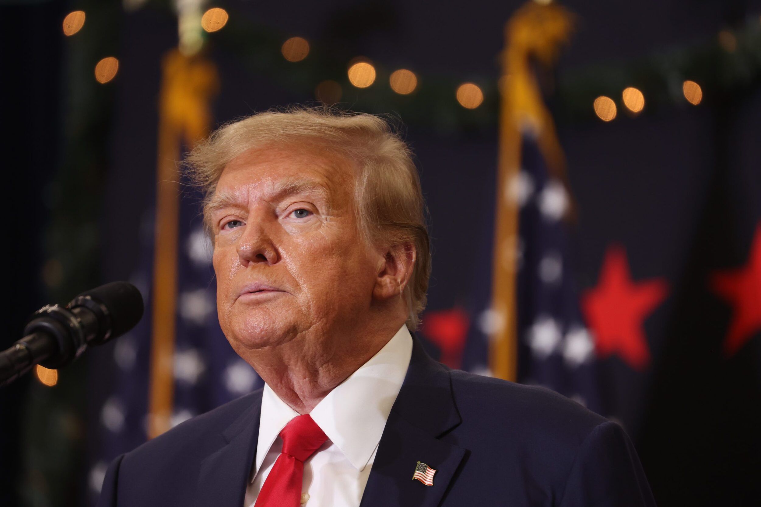 WATERLOO, IOWA - DECEMBER 19: Republican presidential candidate and former U.S. President Donald Trump looks on during a campaign event on December 19, 2023 in Waterloo, Iowa. Iowa Republicans will be the first to select their party's nomination for the 2024 presidential race, when they go to caucus on January 15, 2024. (Photo by Scott Olson/Getty Images)