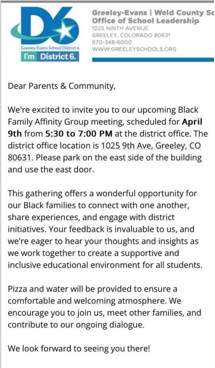Email invitation to a Black Family Affinity Group sent by the Greeley-Evans School District