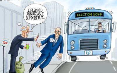 BS daily political cartoons: Bibi hit by a bus — he was pushed