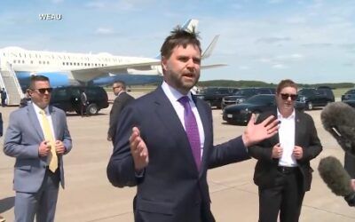 ‘I thought you guys might get lonely’: J.D. Vance strides over to bored reporters waiting for Harris on tarmac