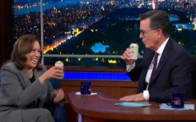 Kamala cracks a beer with Colbert as monster hurricane bears down on Florida