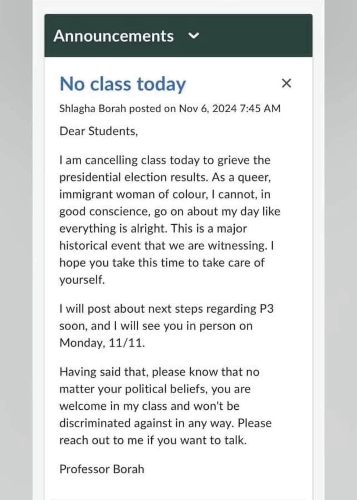 Michigan State University Class Announcement Post-Election (Daily Caller News Foundation)