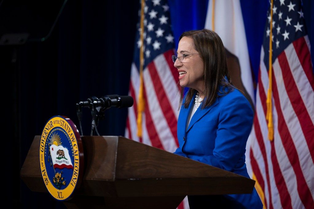 Lieutenant Governor Eleni Kounalakis at the State of the State ceremony on March 8, 2022. Photo by Miguel Gutierrez Jr., CalMatters
