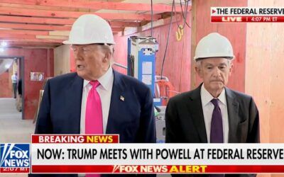 Hard-hat clad Jerome Powell visibly shakes his head at Trump during Fed building tour