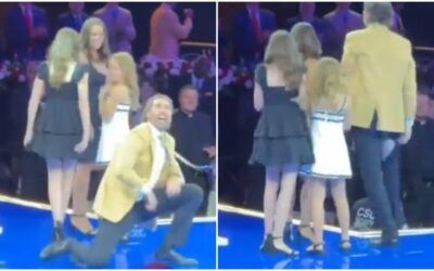 NFL Hall of Fame inductee has big wardrobe malfunction performing his signature sack move on stage