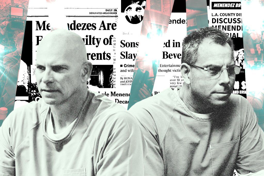 Photo illustration of Lyle and Erik Menendez, set against a fragmented collage of newspaper headlines and paparazzi