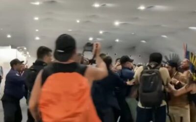 Feather-headed protesters storm elite climate summit in chaotic scene