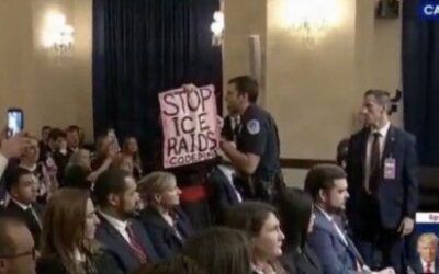 Leftist protester clad as Catholic cardinal tossed from Noem hearing after shouting ‘power of Christ compels you’