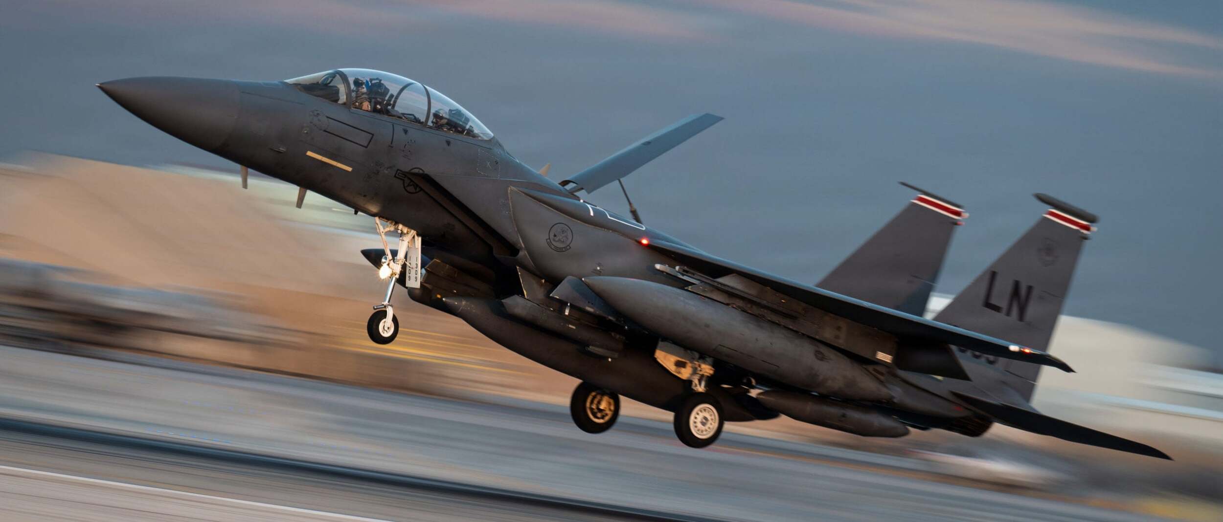 A U.S. Air Force F-15E Strike Eagle aircraft prepares to land at a base in the Middle East, Jan. 18, 2026. The F-15E Strike Eagle is a dual-role fighter designed to perform air-to-air and air-to-ground missions at low altitude, day or night and in all weather. (U.S. Air Force photo by Senior Airman Jonah Bliss)