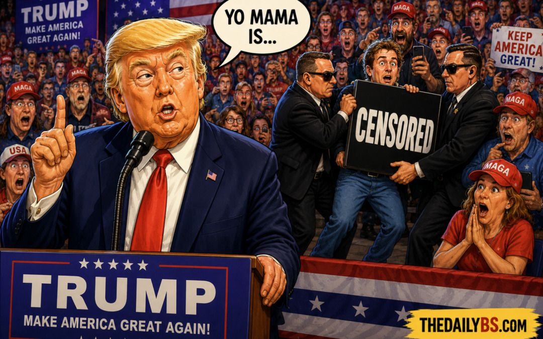 Rally takes bizarre turn as ‘Kill Your Local Pedophile’ shirt enters the room, Trump responds with ‘Yo Mama’ joke!
